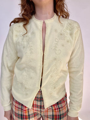 1960s Sweater Beaded Cream Wool Knit Cardigan Embellished M