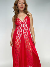 Load image into Gallery viewer, 1980s Nightgown Sheer Lace Long Slip Lingerie Dress Red