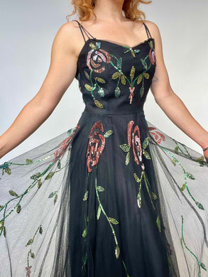 Vintage 1940s Dress Black Tulle Floral Sequined Gown S/XS