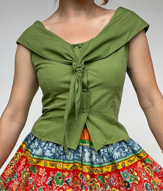 1950s Blouse Cropped Cotton Green Sleeveless Top S