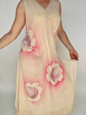 1920s Dress Silk Chiffon Beaded Air Brushed Floral Deco Gown M