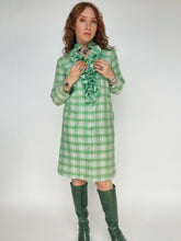 Load image into Gallery viewer, 1960s Shirt Dress Ruffle Green Plaid Shift M