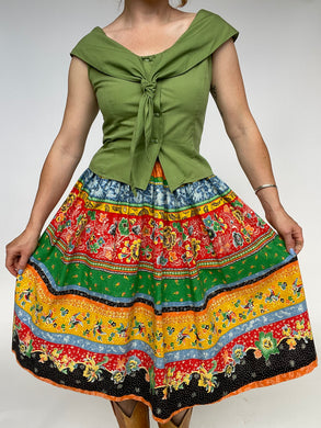 1970s Full Skirt Floral Cotton Peasant XS