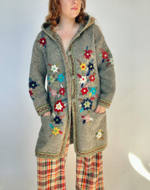 1970s Sweater Wool Chunky Knit Floral Hooded Long