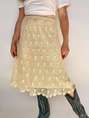 Vintage 1970s Skirt Crochet Lace Cream Boho L