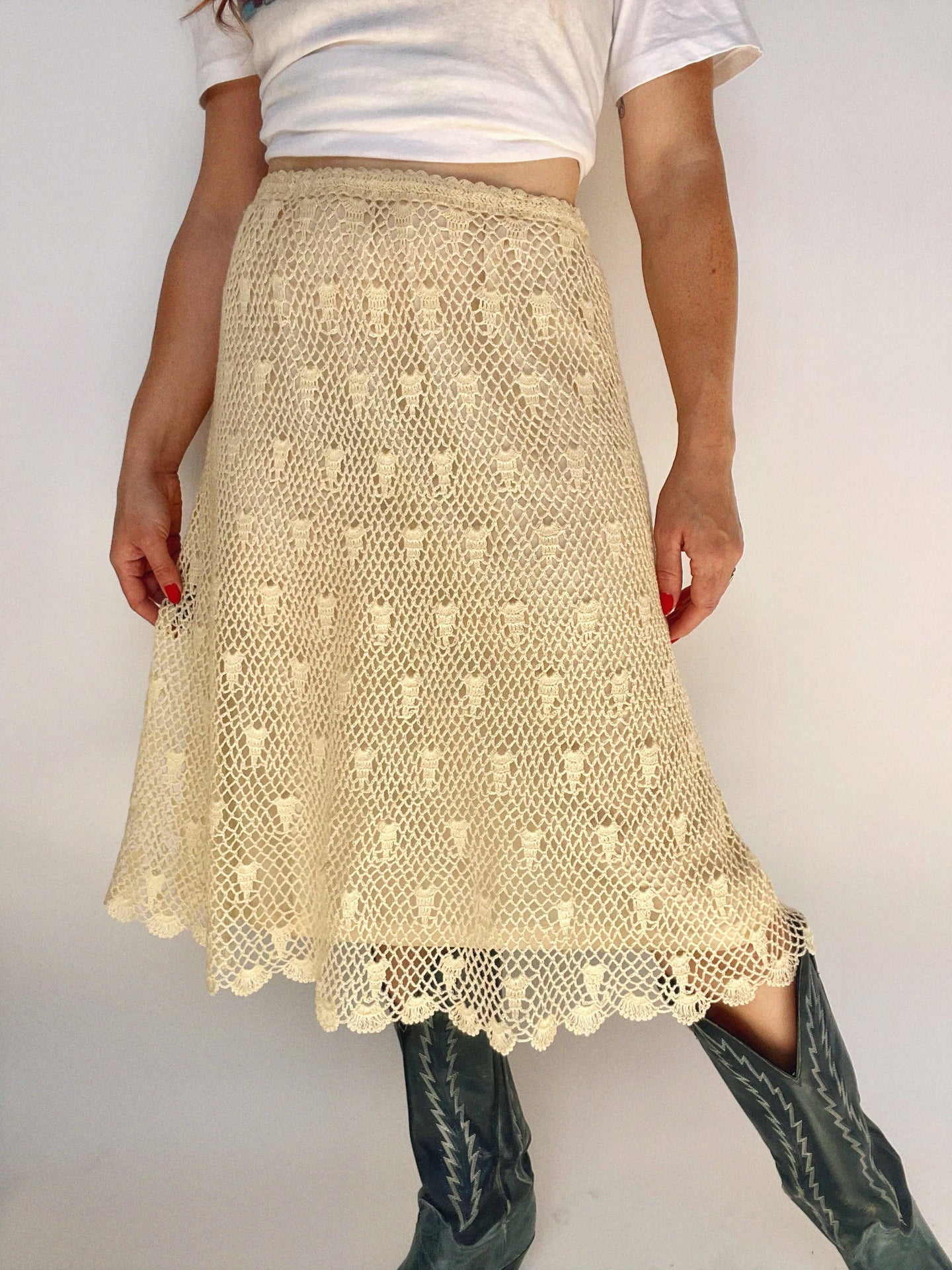 Vintage 1970s Skirt Crochet Lace Cream Boho L