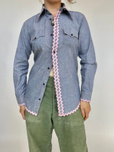 Load image into Gallery viewer, 1970s Chambray Shirt Button Up Holly Hobbie Appliqué Ric Rac S