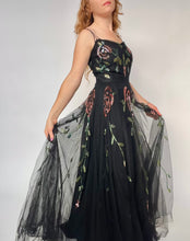 Load image into Gallery viewer, Vintage 1940s Dress Black Tulle Floral Sequined Gown S/XS