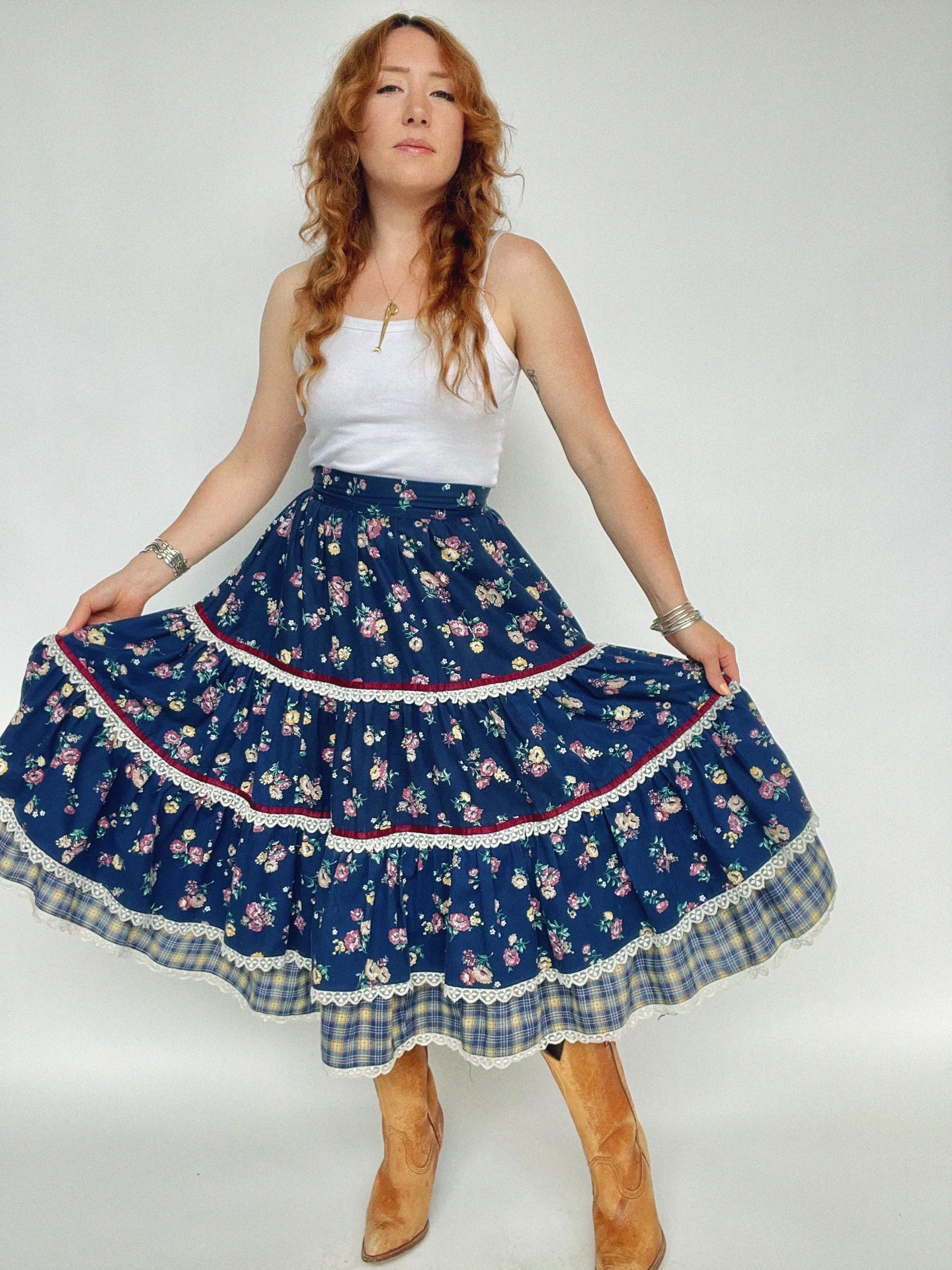 1970s Prairie Skirt Floral Cotton Full S
