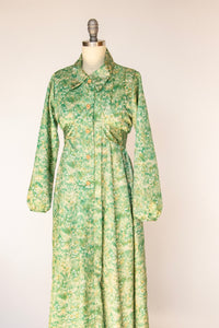 1970s Maxi Dress Printed Green Caftan M