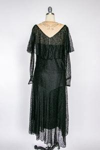 1920s Dress Black Lace Beaded Illusion Deco S