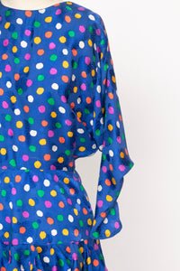 1980s Dress Silk Ruffle Polka Dot Print XS P