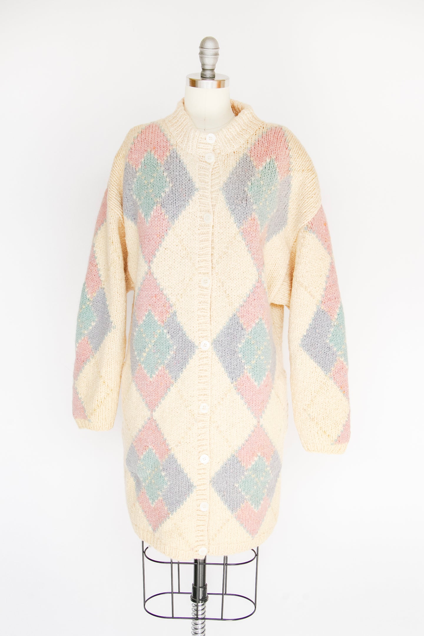 1980s Sweater Wool Knit Long Argyle Cardigan M