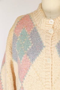 1980s Sweater Wool Knit Long Argyle Cardigan M