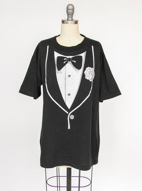 1980s Tee Tuxedo Print T-Shirt L
