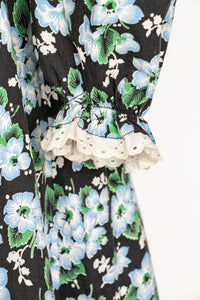1930s Dress Dark Floral Cotton Ruffle Peasant Bonnet Set M