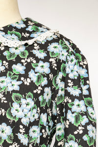 1930s Dress Dark Floral Cotton Ruffle Peasant Bonnet Set M