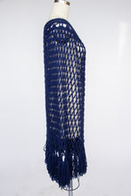 Load image into Gallery viewer, 1970s Poncho Sheer Knit Fringe Granny Crochet