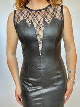 Load image into Gallery viewer, 1980s Leather Dress Black Lace Illusion Fitted S