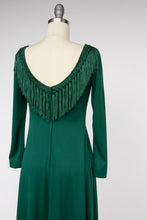 Load image into Gallery viewer, 1970s Maxi Dress Green Fringe Boho Maxi S