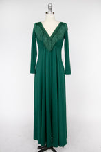 Load image into Gallery viewer, 1970s Maxi Dress Green Fringe Boho Maxi S