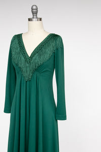 1970s Maxi Dress Green Fringe Boho Maxi S