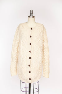 1970s Irish Wool Cardigan Fisherman Sweater Knit L