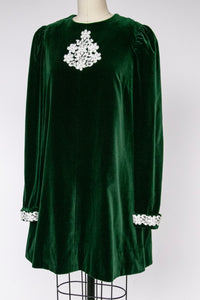 1960s Dress Velvet Emerald Green M