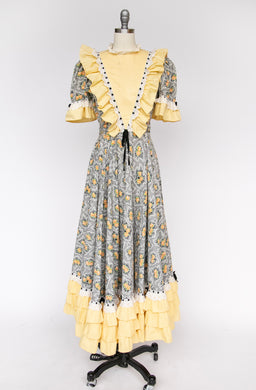 1940s Dress Floral Cotton Ruffle Peasant Maxi Prairie Gown M