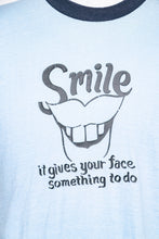 Load image into Gallery viewer, 1980s Tee Blue Ringer Smile T-Shirt L