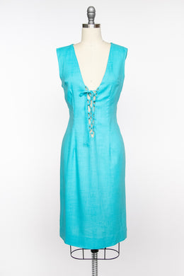 1960s Dress Blue Knit Corset Tie M