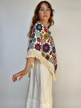 Load image into Gallery viewer, 1960s Top printed Cotton Mod Boho Fringe Poncho Caplet