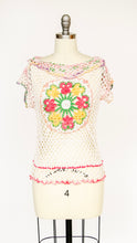 Load image into Gallery viewer, 1970s Crochet Blouse Semi Sheer Cotton Top S/M