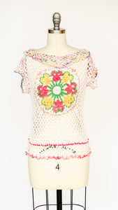 1970s Crochet Blouse Semi Sheer Cotton Top S/M