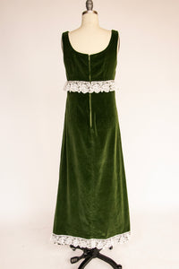 1960s Dress Green Velvet High Waist Gown S