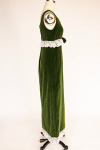 1960s Dress Green Velvet High Waist Gown S