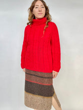 Load image into Gallery viewer, 1960s Sweater Wool Fuzzy Chunky Knit Red Turtleneck Pullover M