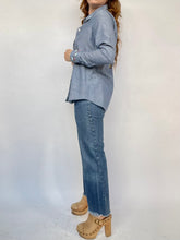 Load image into Gallery viewer, 1970s Chambray Shirt Button Up Embroidered Floral Bird M