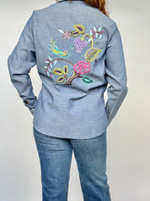 Load image into Gallery viewer, 1970s Chambray Shirt Button Up Embroidered Floral Bird M