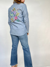 Load image into Gallery viewer, 1970s Chambray Shirt Button Up Embroidered Floral Bird M