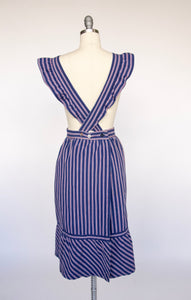 1970s Pinafore Wrap Dress Cotton Cross Back Apron Front MlL