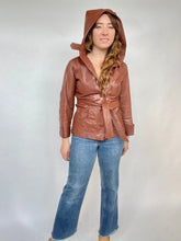 Load image into Gallery viewer, 1970s Leather Jacket Hooded Brown Cropped Belted S / XS