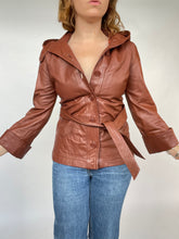 Load image into Gallery viewer, 1970s Leather Jacket Hooded Brown Cropped Belted S / XS