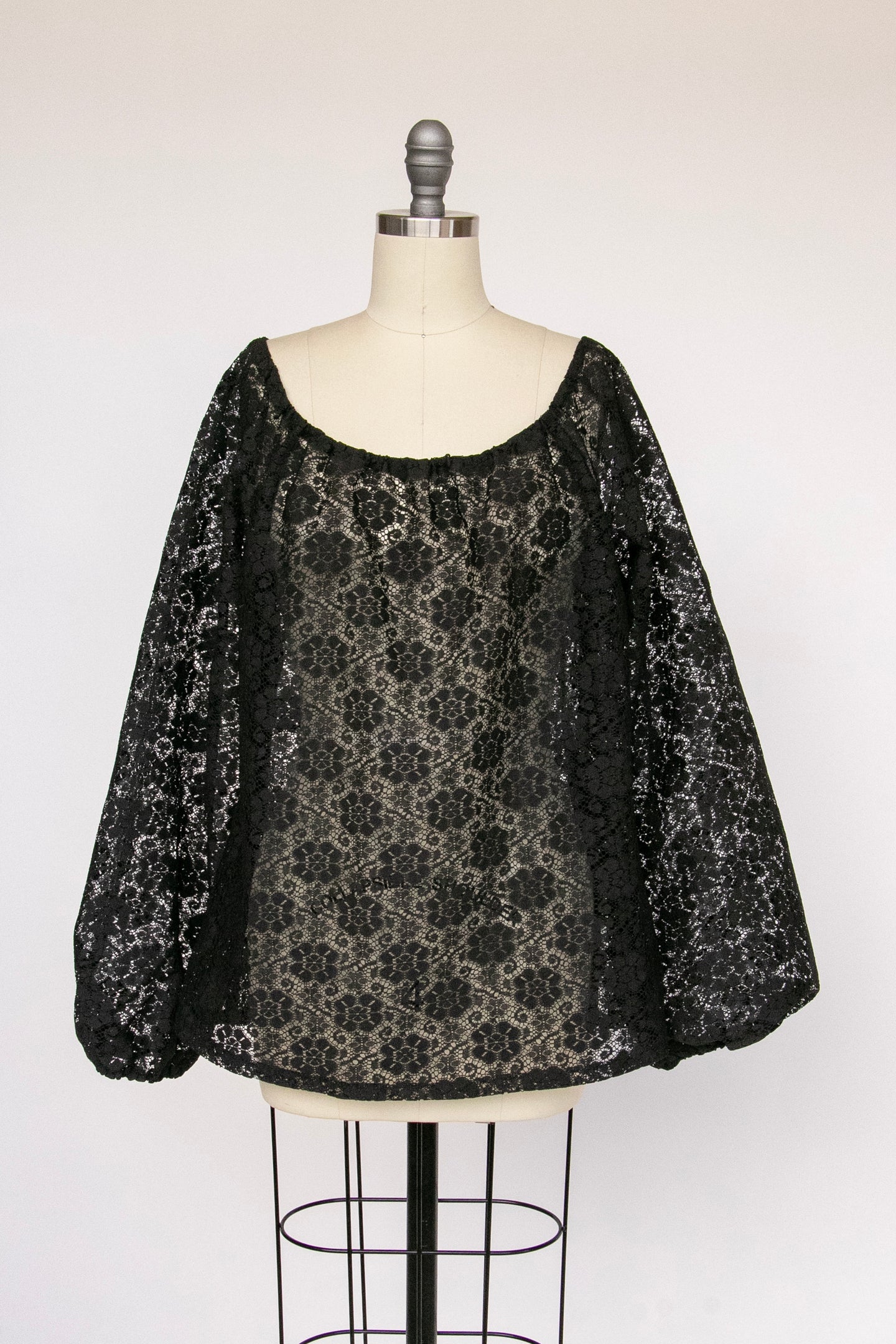 1970s Blouse Sheer Lace Top Black L