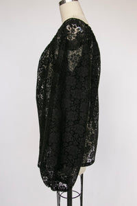 1970s Blouse Sheer Lace Top Black L