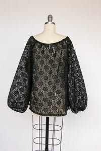 1970s Blouse Sheer Lace Top Black L