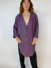 Load image into Gallery viewer, 1980s Wool Shirt Jacket Plaid Purple Long Line L/ M