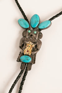 Vintage Kachina Doll Bolo Tie Turquoise Large Sterling Silver Navajo