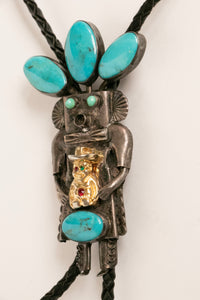 Vintage Kachina Doll Bolo Tie Turquoise Large Sterling Silver Navajo