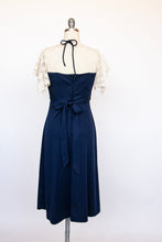 Load image into Gallery viewer, 1970s Maxi Dress Lace Blue Knit S